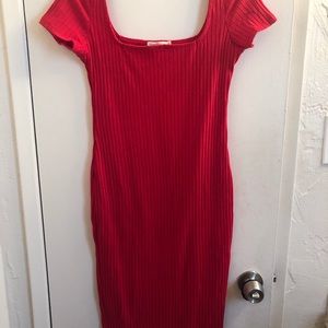 Red Short Sleeve Square Neck Midi Maternity Dress